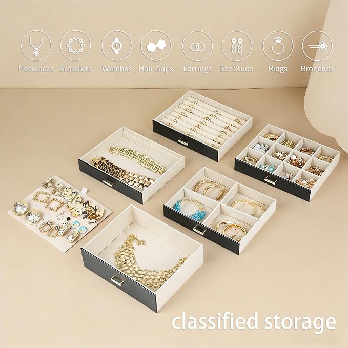 BOOVO Large Jewelry Boxes For Women (Black, 6 Layer) | 6 Layers Jewelry Organizer Box With Cosmetic Storage Drawer, Necklace Ring Jewelry Organizer Box