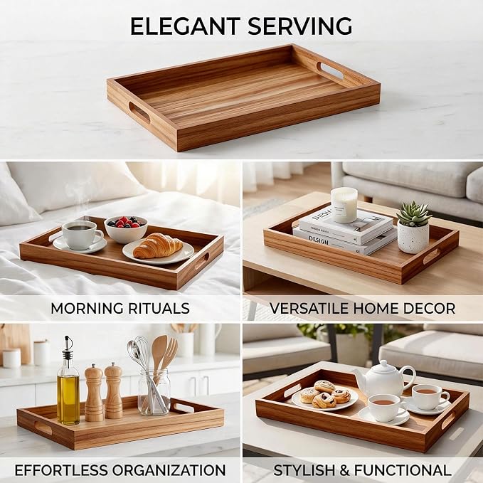 Krismax Wooden Serving Tray with Handles, Rustic Brown Rectangular Serving Platter 15.7x11.4 Inch for Coffee Table, Decorative Storage Tray