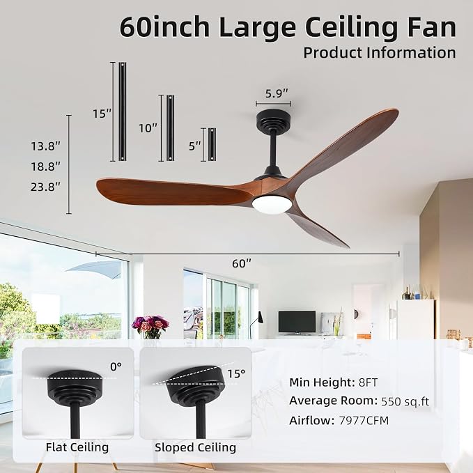 60” Outdoor Ceiling Fan with Light 3 Downrods, Smart Wood Ceiling Fan Compatible with Alexa/Google/App, 3 Blades Modern Walnut Wood Ceiling Fans for Kitchen Living Room Patio