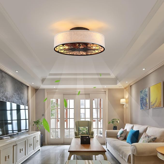 Caged Ceiling Fans with Lights Flush Mount,Low Profile Ceiling Fan with Remote,20 Inch Farmhouse White Ceiling Fan for Bedroom,6 Speeds Reversible Silent Fandalier(Include 4 Bulb)