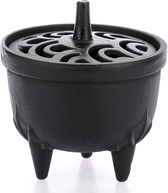 JUXYES Vintage Tripod Incense Burner Holder with Lid, Cast Iron Incense Holder Metal Cauldron Censer Antique Cone Coil Incense Burner Holder for Incense Resins, Cones, Charcoal or Wax Melts
