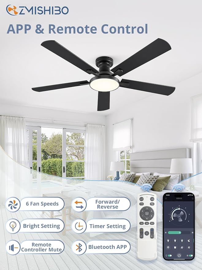 ZMISHIBO 52 Inch Flush Mount Ceiling Fan with Light, Remote&APP, Black | 6-Speed Quiet DC Motor, Dimmable 24W LED with 3CCT (3000K-6500K), Modern Low Profile for Living Room, Bedroom, Kitchen