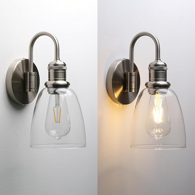 Yosoan 1-Light Brass Modern Vintage Indoor Wall Sconce, Vanity Single Luxury Hardwired Retro Textured Clear Oval Cone Glass Shade with Industrial Curved Rod Bathroom Lamp(Brushed)