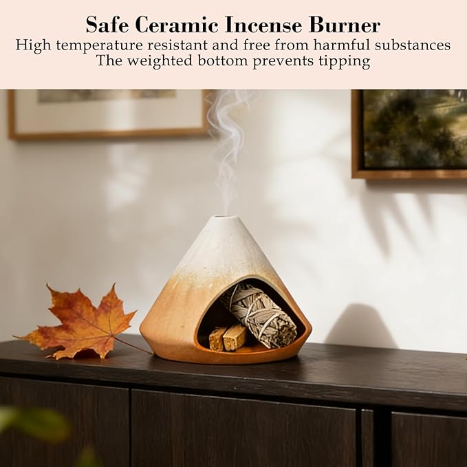 Incense Burner Holder for Palo Santo Sticks,Sage,Cone,Mountain-Inspired Handcrafted Ceramic Ash Catcher Smudge Bowl for Yoga Meditation Energy Cleansing Room Décor,Orange