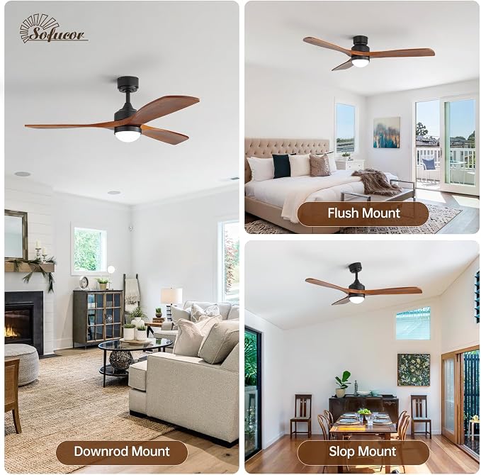 Sofucor 52" Solid Wood Ceiling Fan Lights, Flush Mount & Downrod Mount Ceiling Fan with Lights and Remote, Wood Blades Modern Outdoor Ceiling Fans for Bedroom/Farmhouse/Patio/Indoor