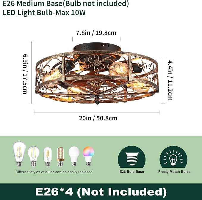 20'' Caged Ceiling Fan with Lights and Remote Control,Small Farmhouse Bladeless Low Profile Ceiling Fans Lights,Vintage Flush Mount Ceiling Light,Reversible Motor 6 Speeds for Bedroom,Living Room