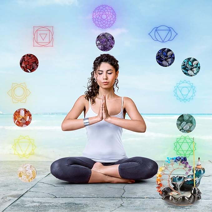 Backflow Incense Burner Ceramic Incense Waterfall 7 Chakras Crystal Tree Incense Holder Namaste Yoga Meditation and Home Decor