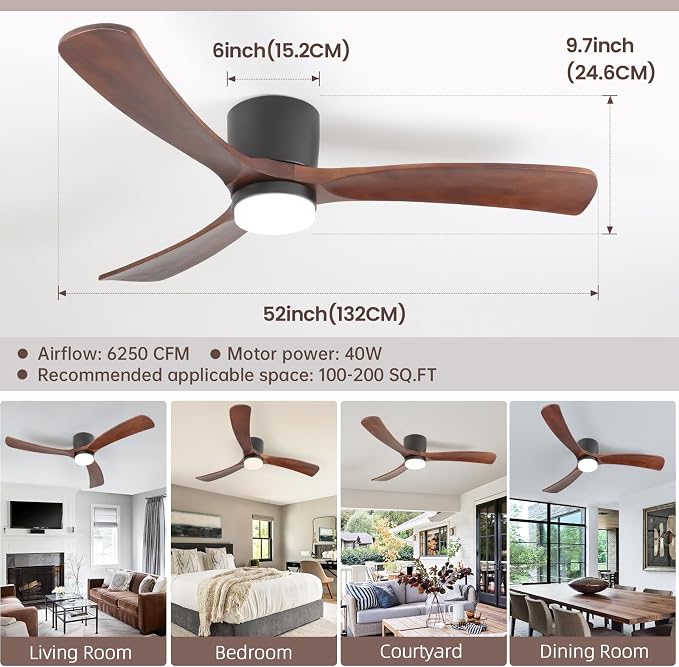 GESUM 52" Ceiling Fan With Lights Remote Control, Low Profile Ceiling Fan with 3 Walnut Wood Blades, Reversible,Dimmable, Flush Mount Ceiling Fans for Living Room Kitchen Bedroom(Black+Walnut)