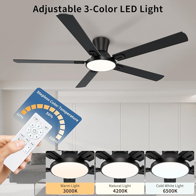 60 Inch Black Ceiling Fans with Lights and Remote, Flush Mount Low Profile 6 Blades Ceiling Fan with 10 Inch Lighting Fixture, Quiet Reversible DC Motor for Living Room, Bedroom and Patio