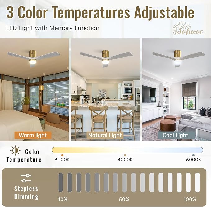 Sofucor 52 Inch Low Profile Ceiling Fans with Light, Modern Flush Mount Solid Wood Ceiling Fan with Airflow 5000CFM, Quiet DC Motor, 6 Speeds, Timer & Reversible for Bedroom Living Room, ETL, Gold