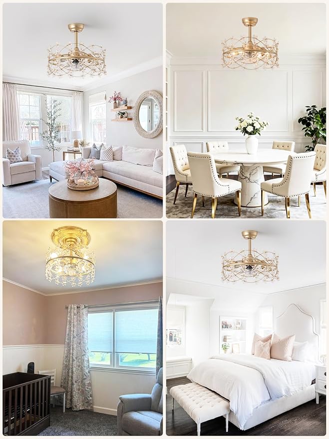 20" Gold Fandelier Ceiling Fans with Lights, Flower Chandelier Ceiling Fan | 6 Speeds, Reversible Motor, Timer, Remote,Vintage Gold Flower Caged, Quiet Fandelier For Girl's Bedroom, Nursery, Living Room