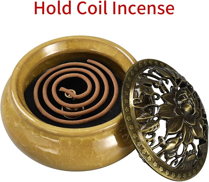 Miupoo Incense Burner and Cone Incense Holder with Brass Incense Stick Holder Ceramic Ash Catcher,Yellow