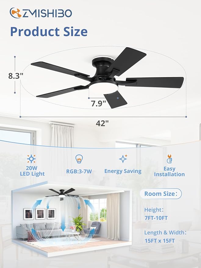 ZMISHIBO 42 Inch Ceiling Fans with RGB Lights, Low Profile Flush Mount Ceiling Fan with Alexa/App/Remote, Dimmable 20W LED Light, Black Modern Fan for Living Room, Bedroom, Game Room
