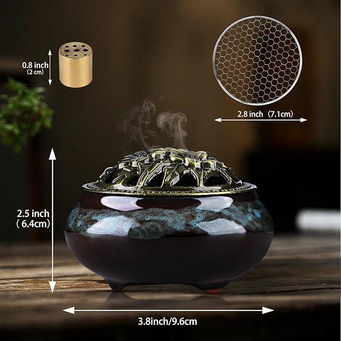 Ceramic Incense Burner Holder Set – 9 Hole Incense Stick Holder with Coil Incense Holder & Burner Tray – Multi-Function Censer for Cones, Coil Incense, and Stick Incense (Fambe Blue)
