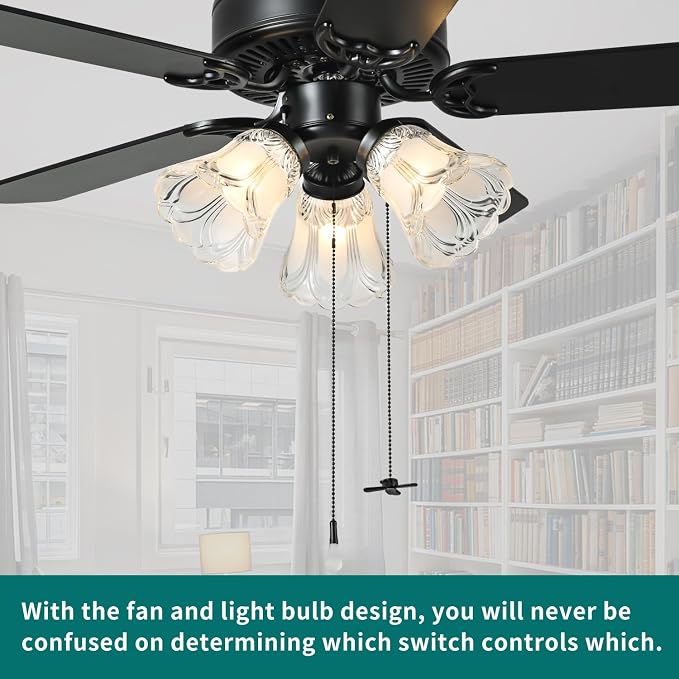 42 Inch Indoor Ceiling Fan with Pull-Chain and Three LED Light Bulbs Base, Traditional 3-Speeds Reversible Blades Ceiling Fan (Black)