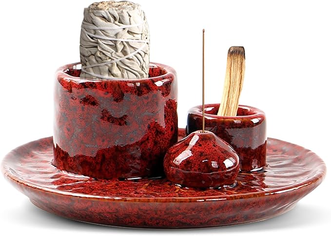 4 in 1 Palo Santo Holder, Ceramic Incense Holder, Sage Holder, Smudge Bowl, Palo Santo Burner, Incense and Candle Holder for Burning Sage for Smudge Meditation Yoga (Red)