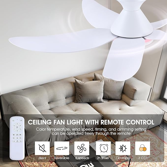 Kviflon Ceiling Fans with Lights Remote/APP Control, 38" Low Profile Ceiling Fans with Dimmable White Colors+Ring RGB Lights, 6 Speeds 5 Reversible Blades for Kids Room Bedroom Living Room, White