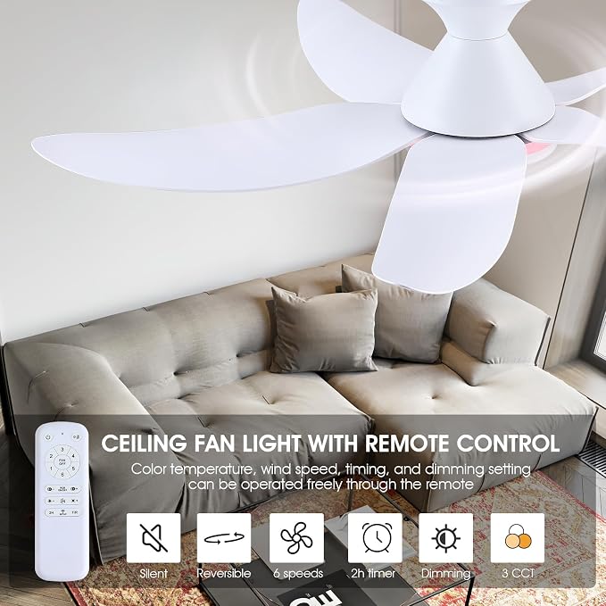 46" Ceiling Fans with Lights Remote/APP Control, Low Profile Ceiling Fans with Dimmable White Colors+Ring RGB Lights, 6 Speeds 5 Reversible Curved Blades for Kids Room Bedroom Living Room Bar, White