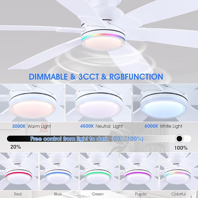 Kviflon 52" Modern Ceiling Fans with RGB Lights Remote/APP Control, Low Profile Flush Mount Ceiling Fan, 6 Reversible Plastic Blades 6 Speeds, RGB + 3 CCT Dimmable Lights for Bedroom Kidsroom, White