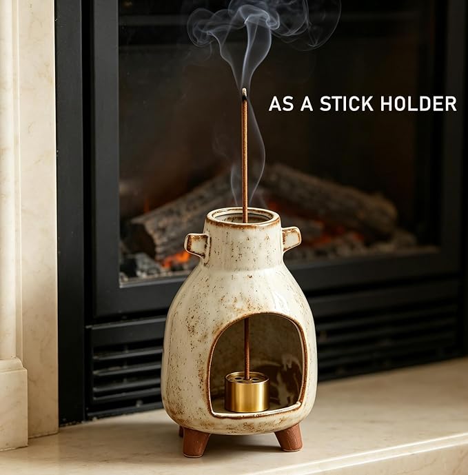 Ceramic Incense Holder, Mini Palo Santo Burner Chimney for Palo Santo Sticks, Cone Incense and Sage Smudging, Handmade Cone Incense Holder Burner for Yoga, Meditation, and Energy Cleansing (Retro 02)