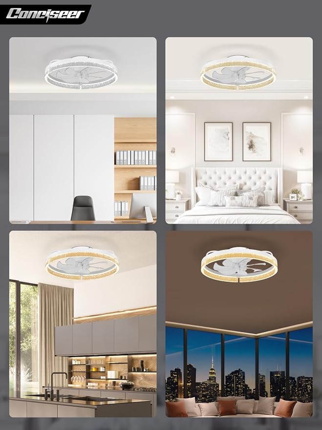Conciseer 20 Inch Ceiling Fans with Lights and Remote, Flush Mount,3CCT 3000-6500K Dimmable 4W-35W, Low Profile 6 Speed Reversible Quiet DC Motor for Bedroom, Kids Room and Living Room, White