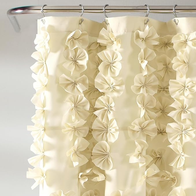 Lush Decor Riley Shower Curtain, 72" W x 72" L, Buttercream - Bathroom Curtain - Coquette Decor - Bow Shower Curtains - Cottage Core - Fabric Shower Curtains