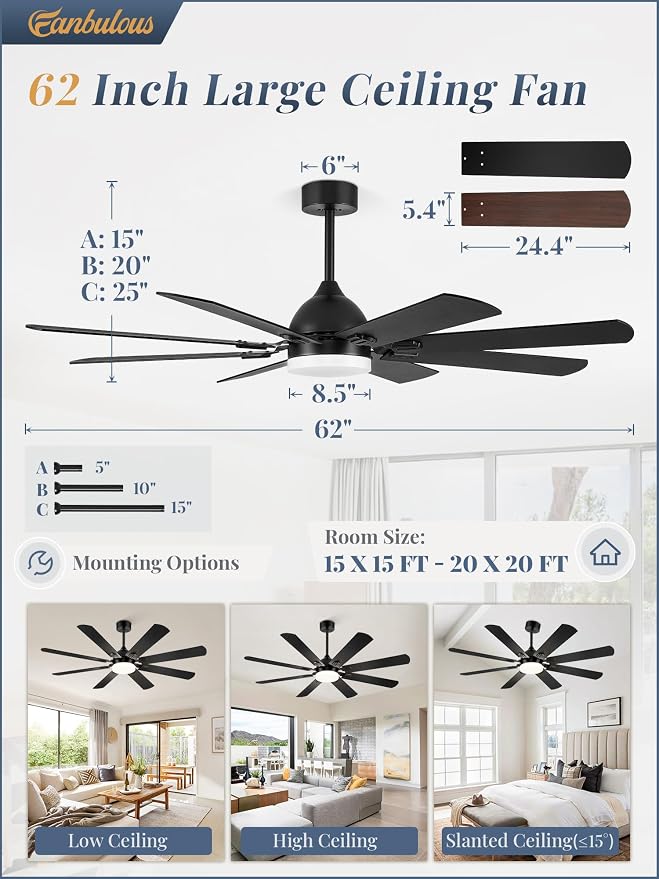 Fanbulous 62 Inch Ceiling Fans with Lights, Black Modern Ceiling Fan with Remote,Large Farmhouse Indoor & Outdoor Ceiling Fan with 8 Dual Finish Blades, Quiet DC Motor, Bright LED Light