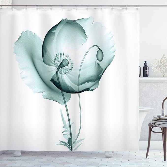 Ambesonne Flower Shower Curtain, Poppy Flower Blooms Meadow Garden Floral Radiographs Unusual Rare Art Print, Cloth Fabric Bathroom Decor Set with Hooks, 69" W x 84" L, Teal White