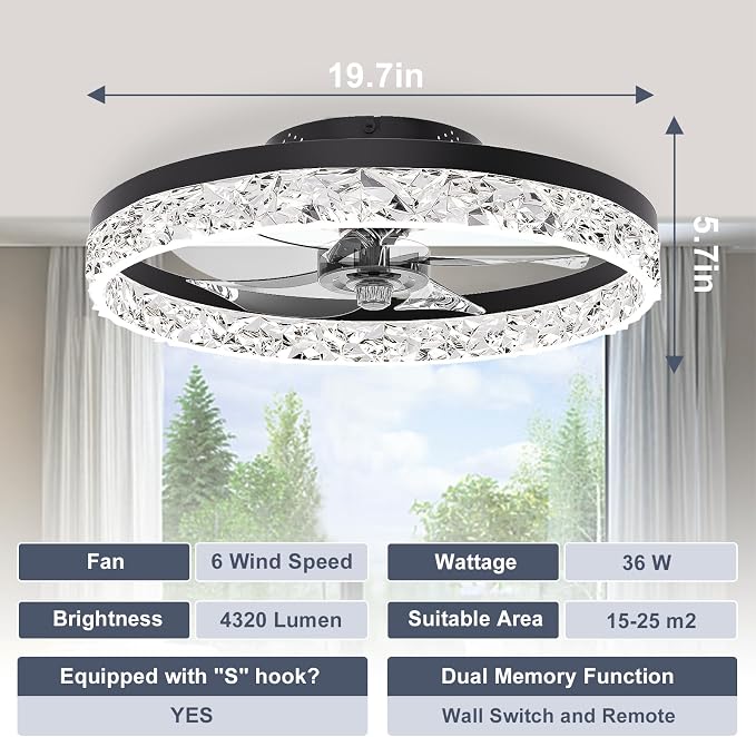 VOLISUN Low Profile Ceiling Fan with Lights and Remote, No Assembly,19.7in Modern Ceiling Fans Flush Mount, 3000K-6500K Dimmable Bladeless LED Fan Light, Black Fandelier Ceiling Fans for Bedroom