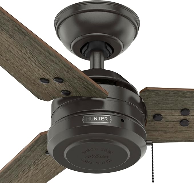 Hunter 44" Cassius Indoor/Outdoor Ceiling Fan, Pull Chain, Noble Bronze | Covered patios and porches get a no-light design, droop-free blades, and compact scale for offices or small rooms.