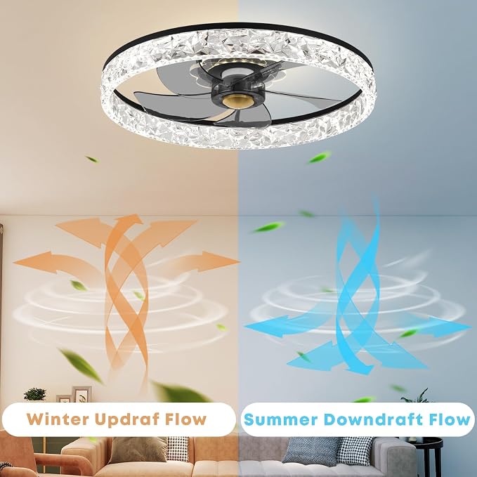 FSZDORJ 20'' Ceiling Fan with Light and Remote, Low Profile Ceiling Fan with Light, Dimmable Flush Mount Ceiling Fan Light, 6 Speeds Fan, App&Remote Control, Fandelier Quiet Fan for Bedroom F098 Black