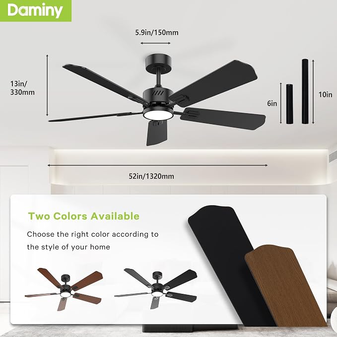 DAMINY 52 inch Ceiling Fan with Light,6CCT,5 Blade,Low Profile Ceiling Fan with Light and Remote Control,Downrods,Black,Living Room,Indoor/Outdoor Use