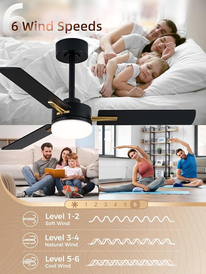 LANMEL 42 Inch Ceiling Fans with Lights, App&Remote Control, Low Profile Modern Ceiling Fan, 6 Speed, Reversible, 3000k-6500k Dimmable LED, Quiet DC Motor for Indoor Outdoor Use, Gold Black