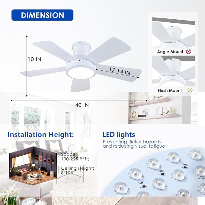 Hounberi 40 Inch Flush Mount Ceiling Fan with Lights and Remote, Modern Quiet DC Motor Low Profile Ceiling Fan for Low Ceilings, 5 Reversible Blades, 6 Speeds Dimmable, Indoor Outdoor Bedroom, White