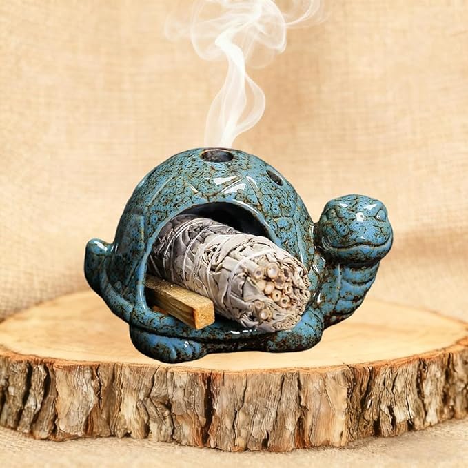 Ceramic Turtle Mini Chiminea- Multifunctional Incense Holder for Sage, Cone Incense, Copal & Small Candle | Aromatherapy Gift for Meditation, Yoga, Zen Spaces | Indoor Use, Hamster Nest Decor (Blue)