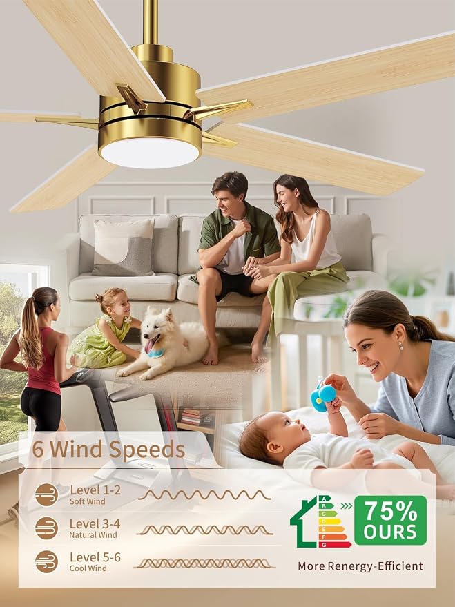 LANMEL 52'' Ceiling Fan with Lights and Remote, Low Profile Modern Ceiling Fan Gold, 6 Speed, Reversible, 3000k-6000k LED, Quiet DC Motor Ceiling Fans for Indoor Outdoor Bedroom Living Room