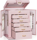 AKOZLIN 6-Tier Jewelry Box Organizer Functional 5 Drawers Leather Jewelry Storage Case for Women Girls Ring Necklace Earring Bracelet Holder Organizer with Mirror Pink 360° Rotating