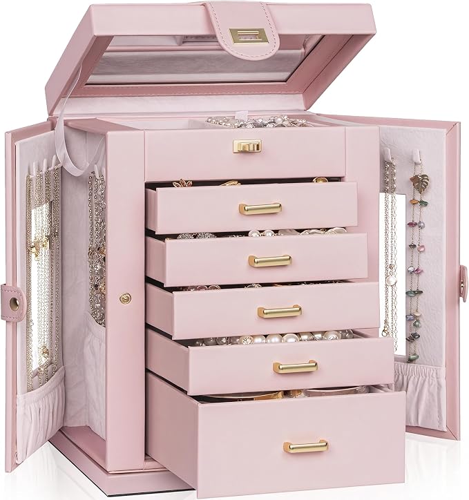 AKOZLIN 6-Tier Jewelry Box Organizer Functional 5 Drawers Leather Jewelry Storage Case for Women Girls Ring Necklace Earring Bracelet Holder Organizer with Mirror Pink 360° Rotating