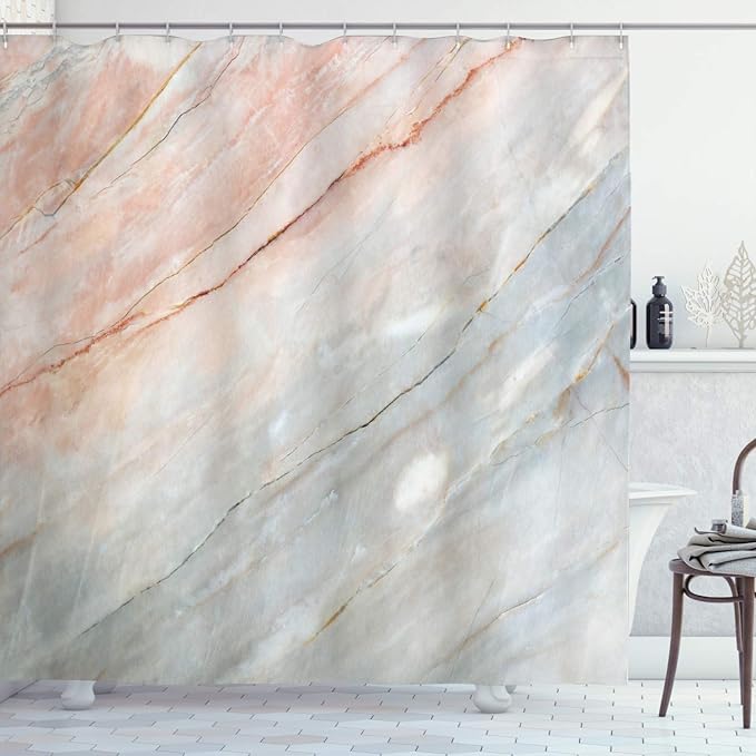 Ambesonne Marble Print Shower Curtain, Onyx Stone Textured Natural Style Featured Scratches Illustration, Cloth Fabric Bathroom Decor Set with Hooks, 69" W x 75" L, Peach Grey