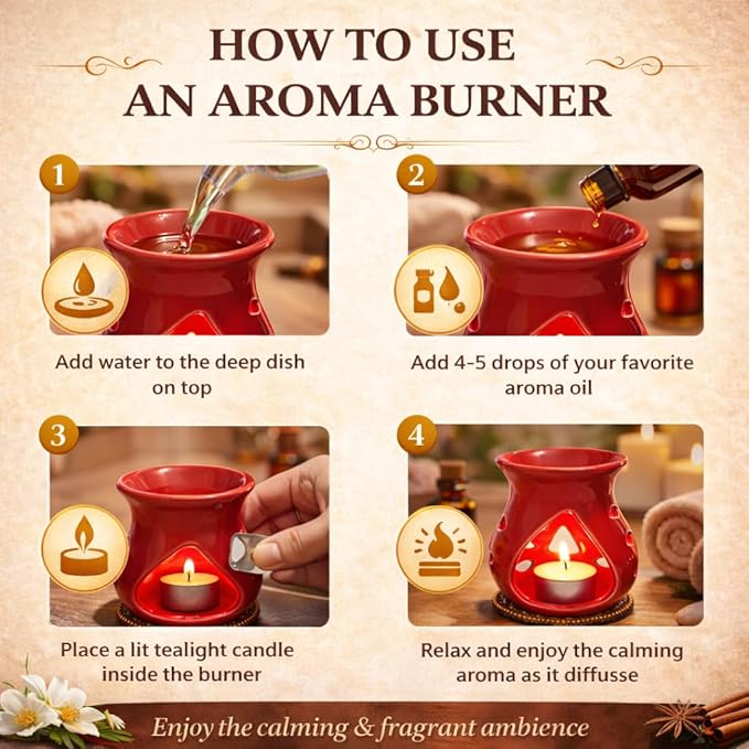 Ceramic Essential Oil Burner Wax Melt Burners |Aromatherapy| Ceramic Oil Diffuser| Candle Tealight Holder (Set of 1) Home Bedroom Decor Christmas Housewarming Gift, Red