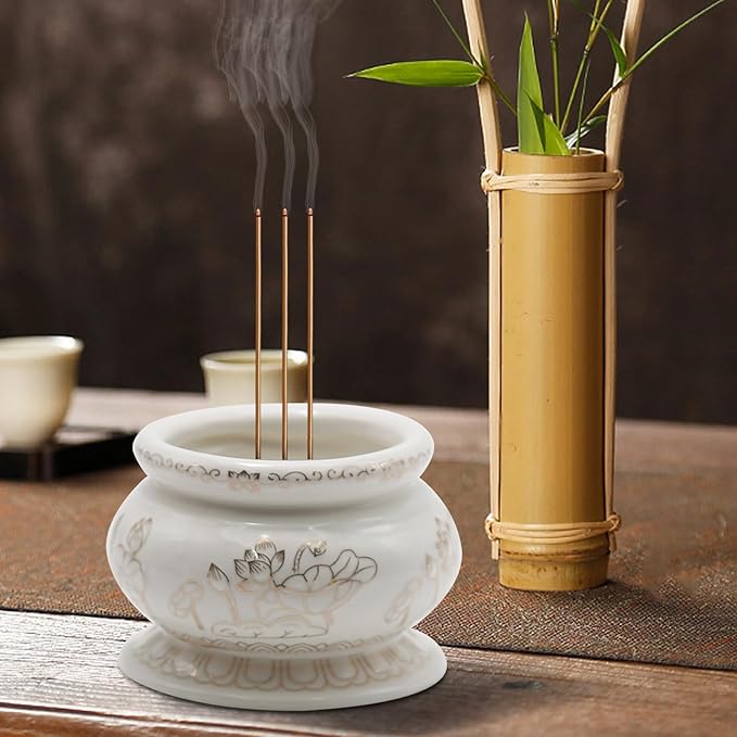 4 Inches White Ceramic Incense Small Burner Pot for for Meditation, Prayer & Yoga for Praying Buddha Tibetan Buddhist Altar Incense Censer