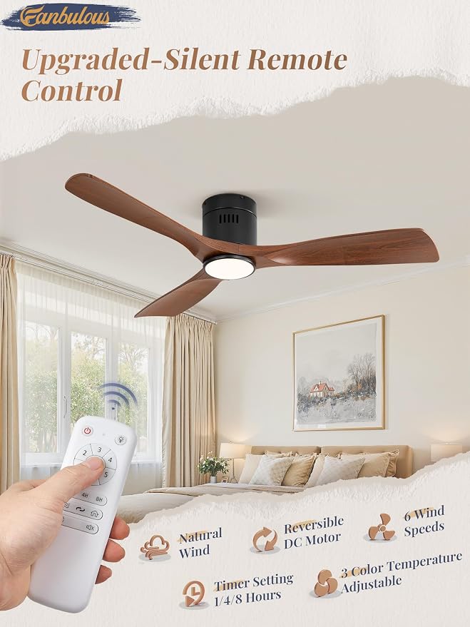 Fanbulous 52" Ceiling Fans with Lights and Remote Control,Modern Flush Mount Ceiling Fan with 3 CCT,Low Profile Ceiling Fans with 6-Speeds Reversible DC Motor for Patio Living Room Bedroom(Walnut)