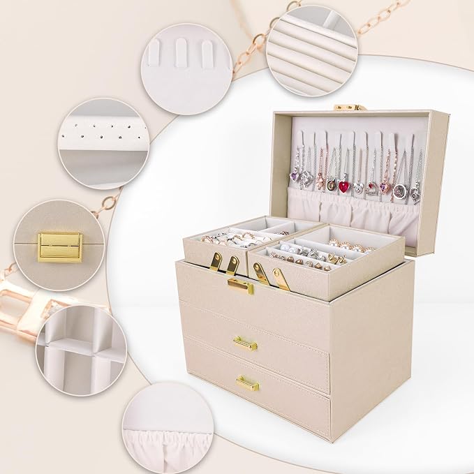 Dajasan Jewelry Organizer Box, Large Jewelry Boxes for Women Girls, Space-Saving 4 Layers Jewelry Storage Case with Drawer, Movable Metal Stand, Modern, Gift Idea (Champagne + Gold)