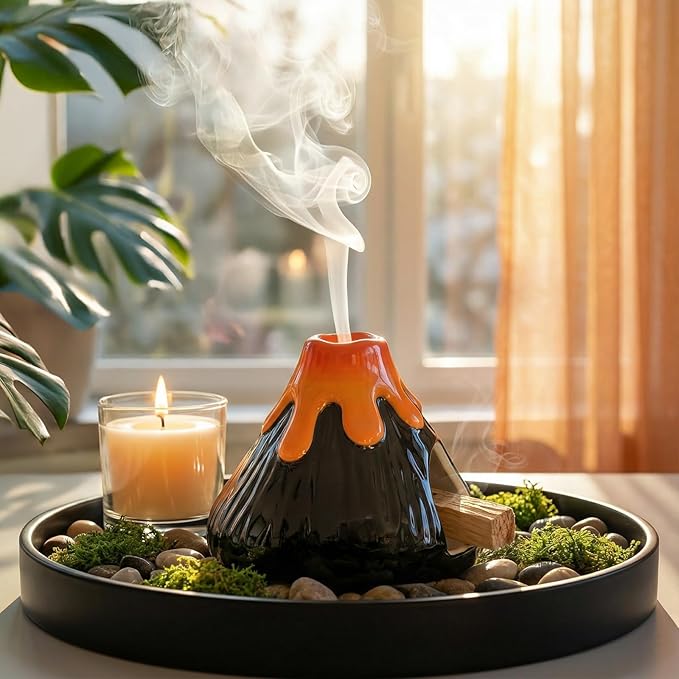 Potiera Small Volcano Incense Holder, Handmade Ceramic Palo Santo Holder for Meditation Spa Yoga Decor, Backflow and Cone Incense Burner for Home and Office Decor, Spiritual Gifts for Women Men