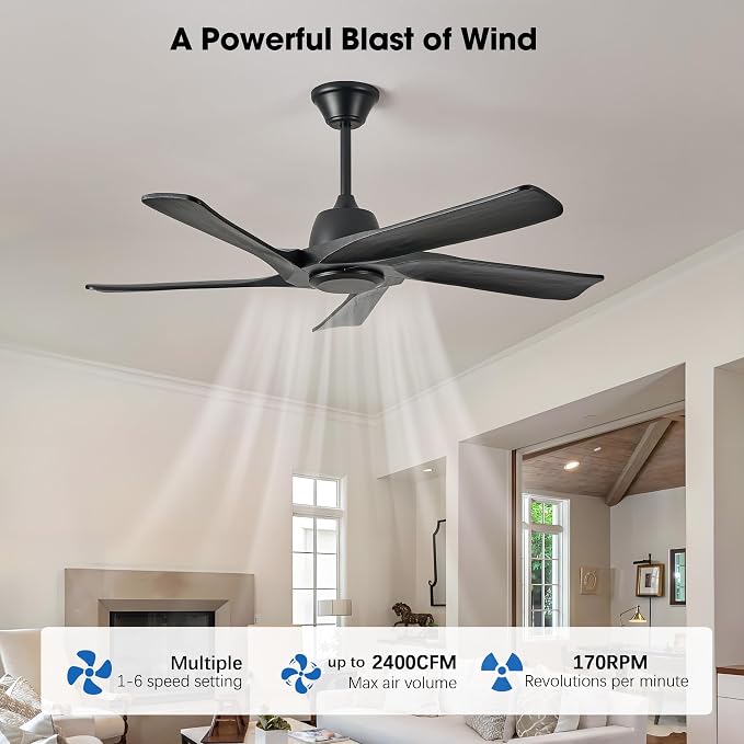 52“ DC Ceiling Fan No Light, 5 Solid Wood Fan Blades, Remote and APP Control, 6-speed Reversible, Quiet Ceiling Fan without Lights for Bedroom, Living Room, Office, Black