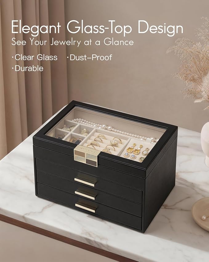 VLANDO Jewelry Box Organizer for Women, 4-Layer Jewelry Storage Case with Glass Lid, Gold Handle, 3 Drawers for Rings, Earrings, Necklaces and Bracelets - Black