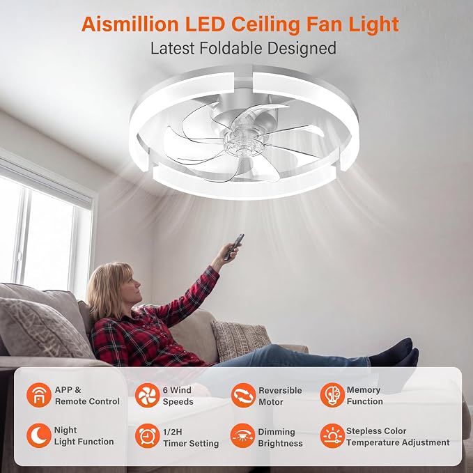 Ceiling Fans with Lights and Remote, 20'' Low Profile Ceiling Fan with APP Control, 3000K-6500K Dimmable, Quiet Reversible DC, Modern Flush Mount Fandelier for Bedroom (White-Frosted)