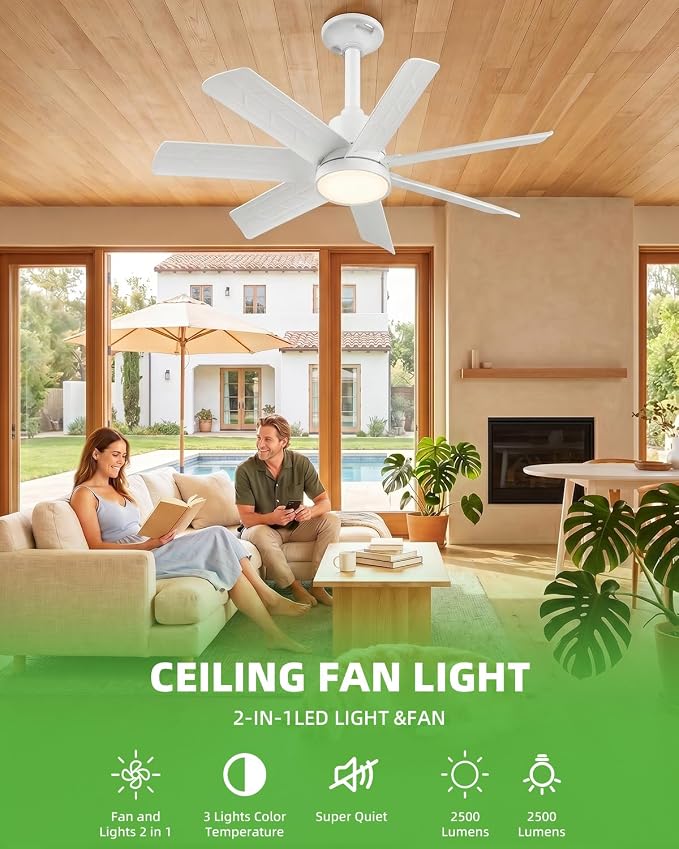 28 Inch Socket Fan Light with Remote Control, Screw in E26/E27 Ceiling Fan with LED Light, 3000-6000K Dimmable Color Temp, 6 Speeds, Timer, for Bedroom Kitchen Living Room Garage, 2-White