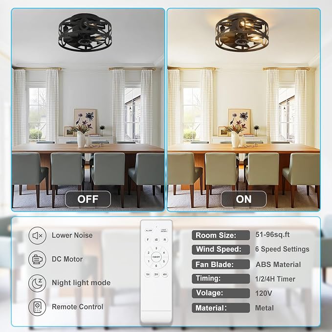 Depuley Flush Mount Ceiling Fan: 12" Caged Ceiling Fans with Remote Control for Patio Kitchen Bedroom - Low Profile Fandelier Lights Fixture Reversible 6 Speed Timer Black 3*E12 Bulb Not Included