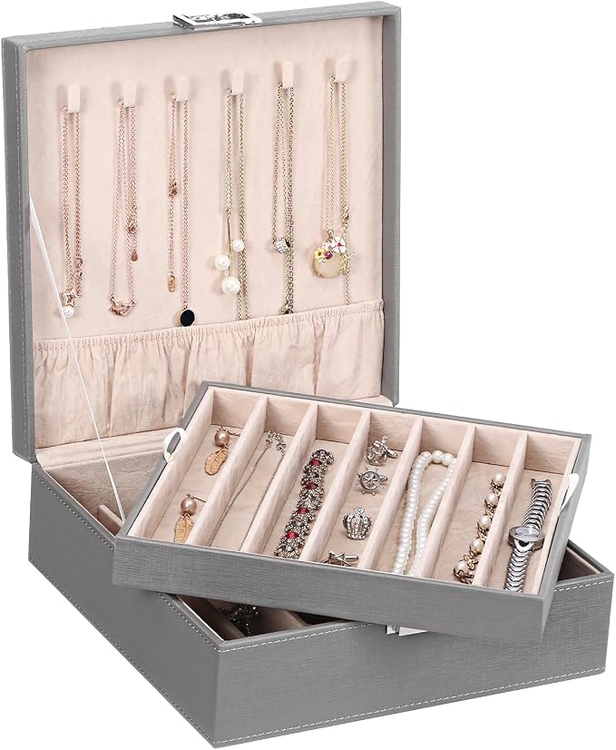 BEWISHOME Jewelry Box Organizer, 2-Layer Necklace Organizer Box, Modern Style Necklace And Bracelet Storage Case, Necklace Case for Women, Girls Mothers Day (Grey SSH31H)